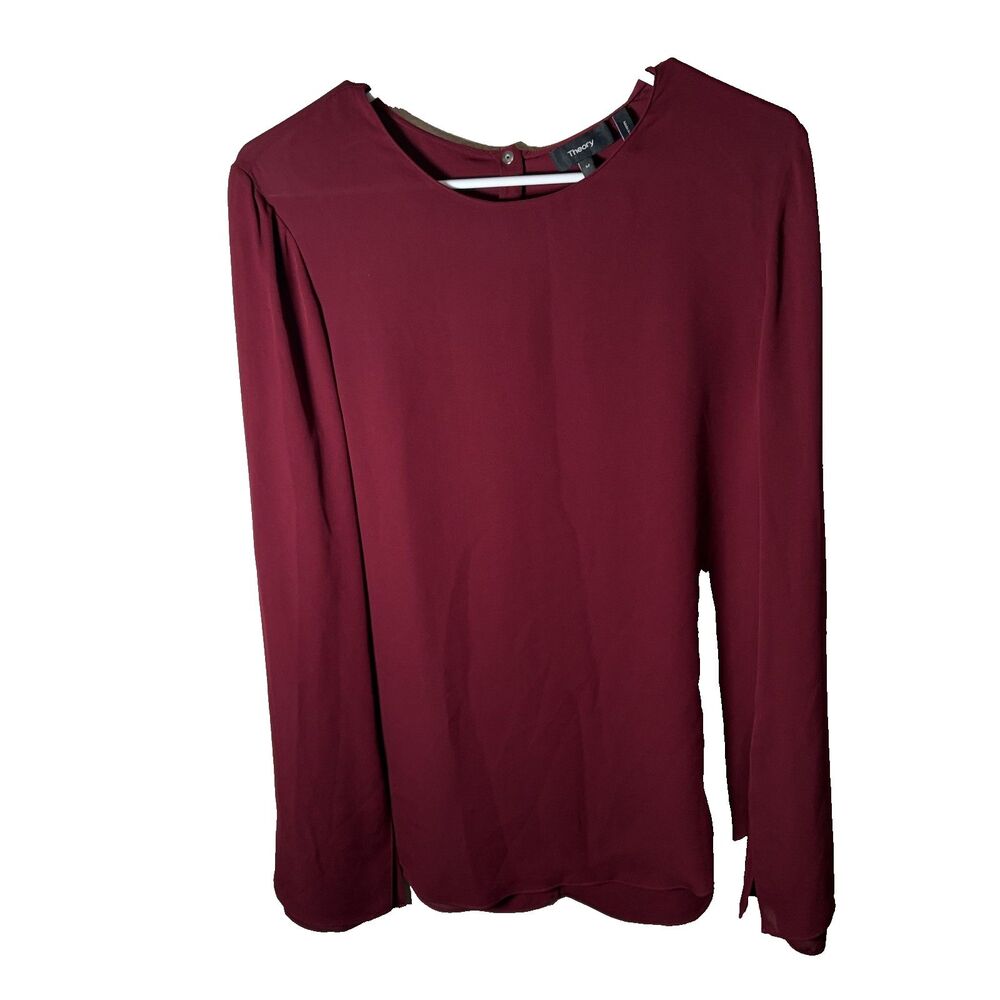 Theory Blouse Women's Medium Red Long Sleeve Lightweight Career Sheer 100% Silk